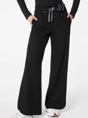 FIGS High Waisted Marseille Wide Leg Scrub Pants, Black, Size Med. Tall (Large)